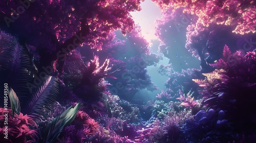 Diver swims through glowing kelp with discovering surreal beauty for mystical exploration and fantasy nature immersion in enchanted underwater forest concept.