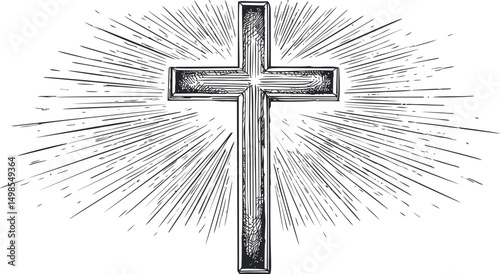 Cross with radiant beams, black and white sketch symbolizing faith. Vector illustration