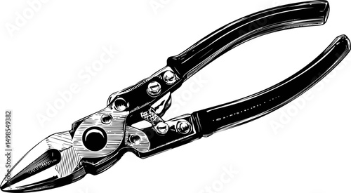 Monochrome illustration of metal pliers with detailed engravings. Vector illustration