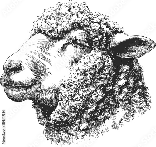 Detailed black and white sketch of a sheep's head with curly wool pattern. Vector illustration