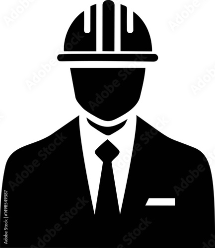 Silhouette of professional in suit with hard hat icon for construction safety. Vector illustration