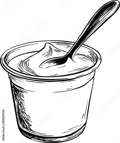 Line drawing of a yogurt cup with a spoon showing creamy texture. Vector illustration