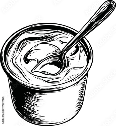 Black and white illustration of yogurt cup with spoon, vintage style drawing. Vector illustration