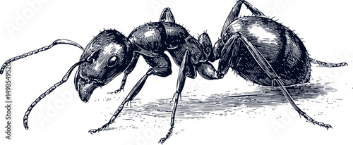 Detailed black and white illustration of an ant with intricate texture. Vector illustration