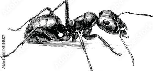 Detailed black ink illustration of an ant with texture and shadows. Vector illustration