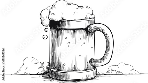 Detailed line drawing of a foamy beer mug with overflowing bubbles. Vector illustration