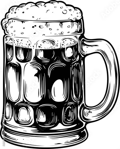 Illustration of detailed beer mug with foam in black and white drawing style. Vector illustration