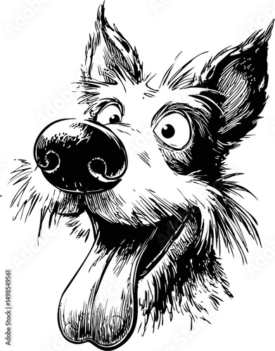 Playful cartoon dog illustration with a happy expression in black and white. Vector illustration
