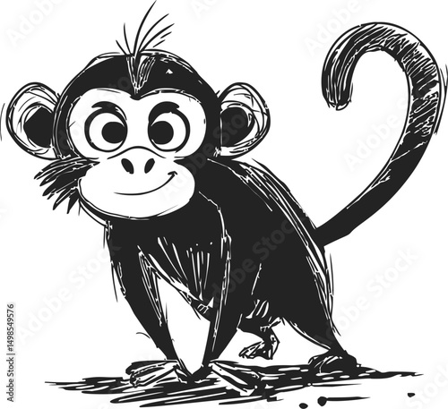 Smiling cartoon monkey in black and white sketch art with big eyes. Vector illustration
