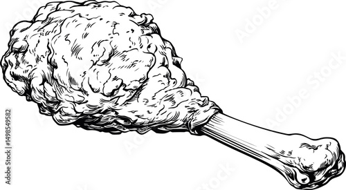 Black and white sketch of a fried chicken drumstick with detailed texture. Vector illustration
