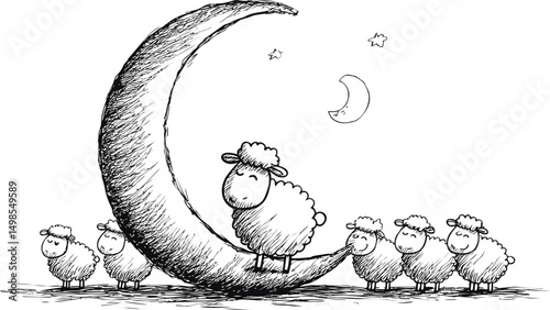 Sheep resting on a crescent moon with stars in a whimsical sketch. Vector illustration