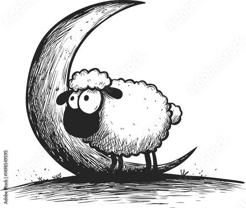 Cartoon sheep standing on a crescent moon, whimsical black and white sketch. Vector illustration