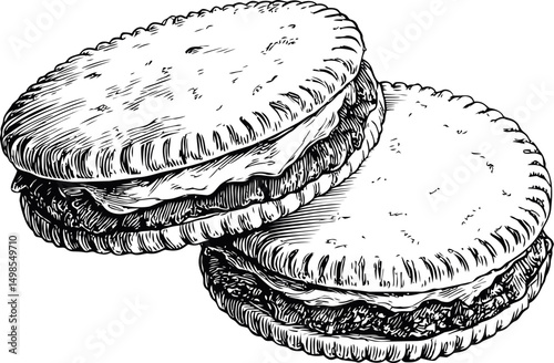Detailed black and white sketch of two sandwich cookies with cream filling. Vector illustration