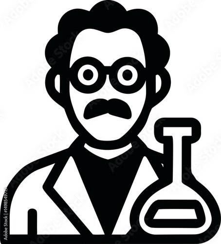 Scientist icon with glasses and flask in black and white illustration. Vector illustration