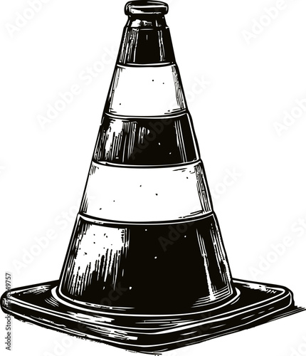Black and white sketch of a traffic cone with detailed shading. Vector illustration