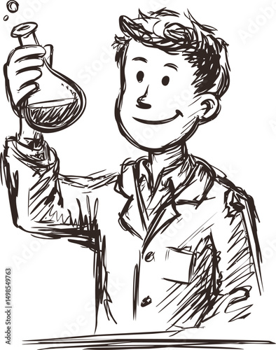 Smiling young scientist sketch holding a beaker with liquid experiment. Vector illustration
