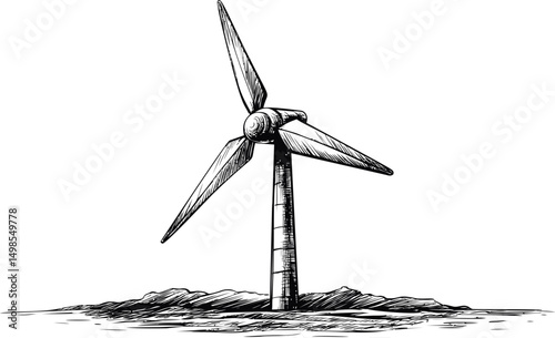 Illustration of a wind turbine on a hill in black and white with intricate details. Vector illustration