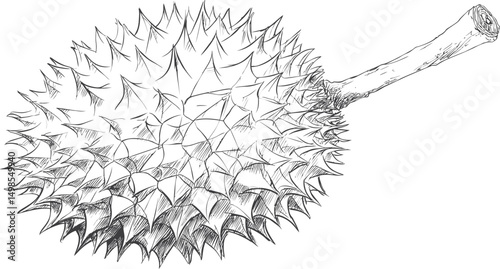 Detailed black and white sketch of a spiky durian fruit. Vector illustration