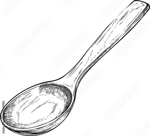 Hand-drawn illustration of a rustic wooden spoon in black and white sketch style. Vector illustration