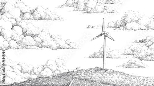 Wind turbine on a hill with cloudy sky, pen drawing style illustration. Vector illustration
