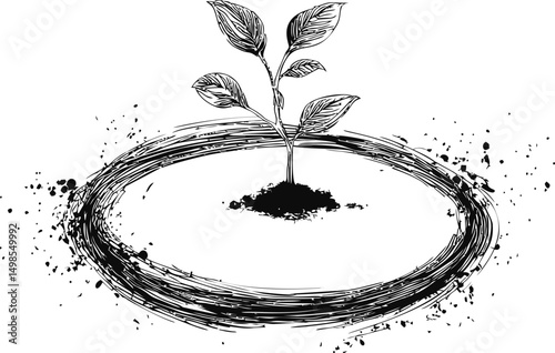 Young plant growing in soil surrounded by ink splatter circles, monochrome art. Vector illustration
