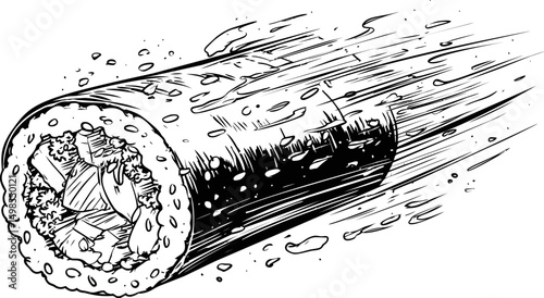 Sushi roll traveling fast in black and white comic style illustration. Vector illustration