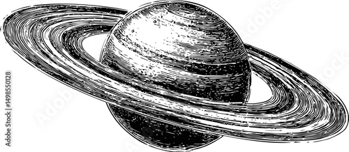 Detailed black and white illustration of Saturn with rings in vintage style. Vector illustration