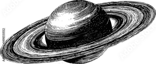 Black and white engraved illustration of saturn with detailed rings. Vector illustration