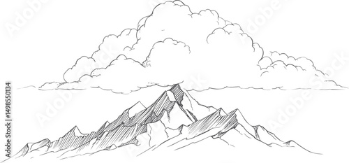 Mountain peaks with detailed clouds in black and white sketch, artistic line drawing. Vector illustration