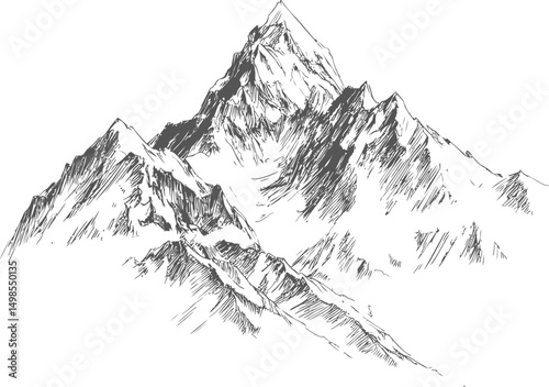 Black and white sketch of a majestic mountain peak with detailed shading. Vector illustration