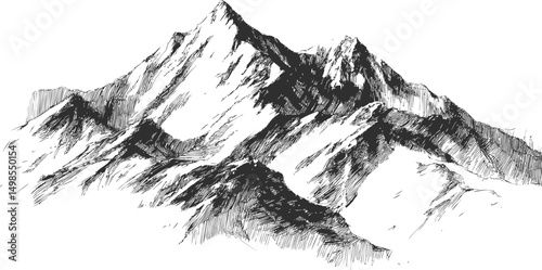 Black and white sketch of a rugged mountain range landscape illustration. Vector illustration