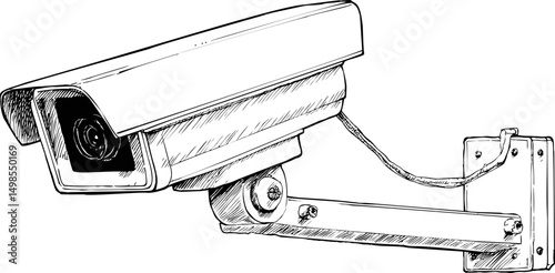Black and white sketch of a security camera mounted on a wall, surveillance concept. Vector illustration