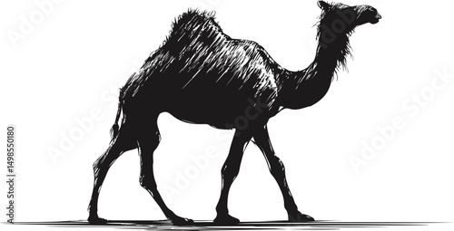 Silhouette of a walking camel with two humps in black and white sketch style. Vector illustration