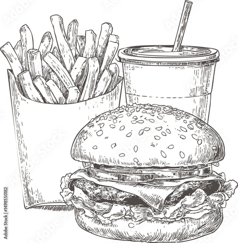 Sketch of a classic fast food meal with burger, fries, and soda cup. Vector illustration