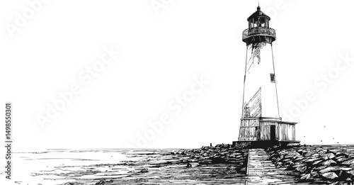 Lighthouse sketch on rocky coastline with stark contrast in black and white. Vector illustration