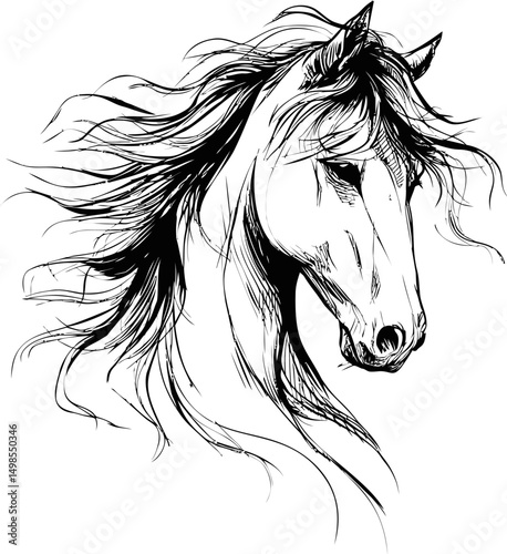 Black and white sketch of a horse with flowing mane, artistic illustration. Vector illustration