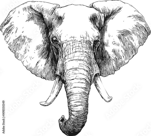 Detailed black and white sketch of elephant head with large ears and trunk. Vector illustration
