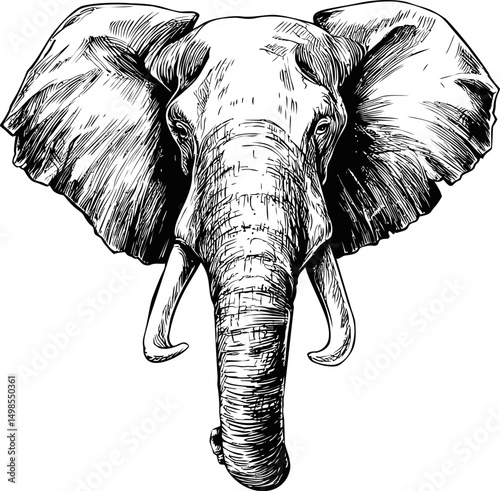 Detailed black and white pen illustration of elephant head with large ears. Vector illustration