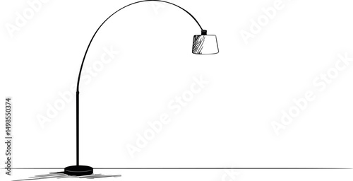 Minimalist black and white illustration of an arched floor lamp in a room. Vector illustration