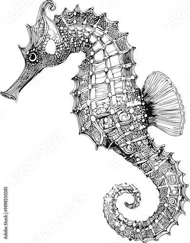 Intricate black and white seahorse illustration with detailed patterns. Vector illustration