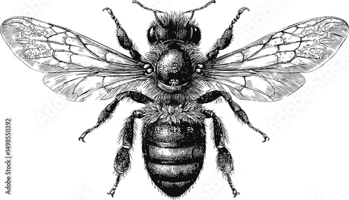 Detailed black and white illustration of a bee with delicate wings and texture. Vector illustration