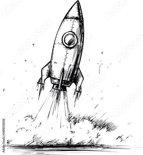 Sketch of a rocket launching into space with smoke and sparks, vivid imagination. Vector illustration