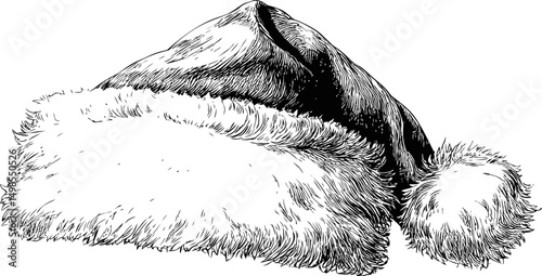 Black and white illustration of a Santa hat with fluffy trim and pom pom. Vector illustration