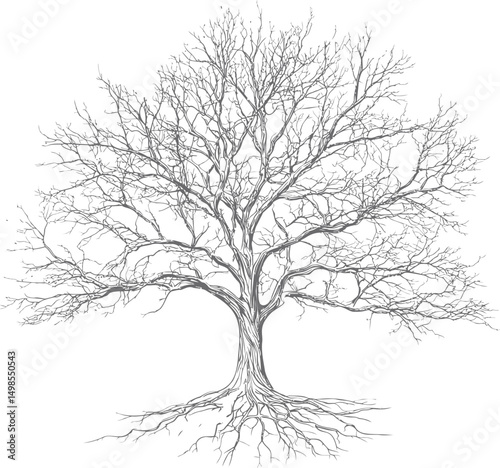 Intricate black and white illustration of a tree with bare branches and roots. Vector illustration
