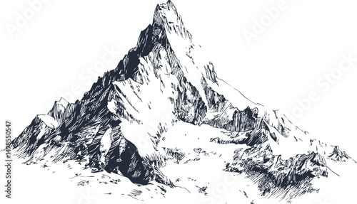 Detailed black and white sketch of a majestic mountain peak, nature illustration. Vector illustration