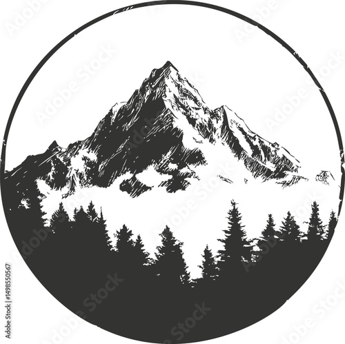 Monochrome illustration of mountain and forest in circular frame, artistic style. Vector illustration