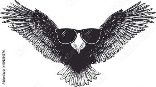 Eagle with outstretched wings wearing sunglasses line art illustration. Vector illustration