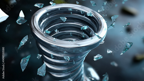 Swirling glass forming a vortex surrounded by scattered shards expressing chaotic motion and fluidity