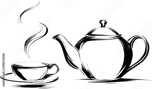 Black and white sketch of a teapot and cup with steam, simple elegance. Vector illustration