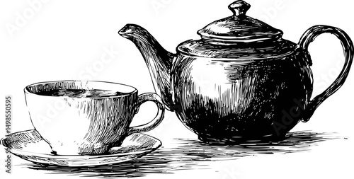 Detailed sketch of a teapot and cup on a table in black and white style. Vector illustration